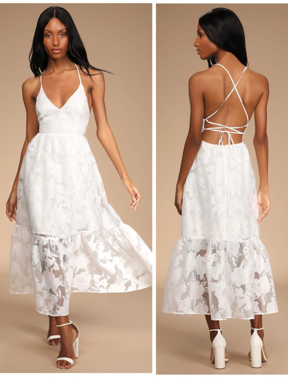 Lulus Feeling Like Forever White Jacquard Organza Lace-Up Midi Dress Size Medium